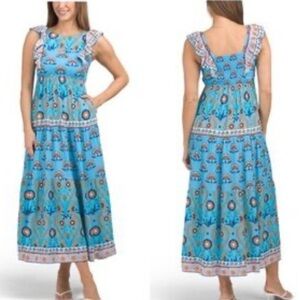 Celina Moon,Tuckernuck, Floral,Tiered, Lined Dres,Blue Patterned Dress, Size S